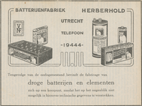 716353 Uitgeknipte advertentie van Herberhold, Batterijenfabriek, [Balkstraat 1-3, bij het Houtplein] te Utrecht.